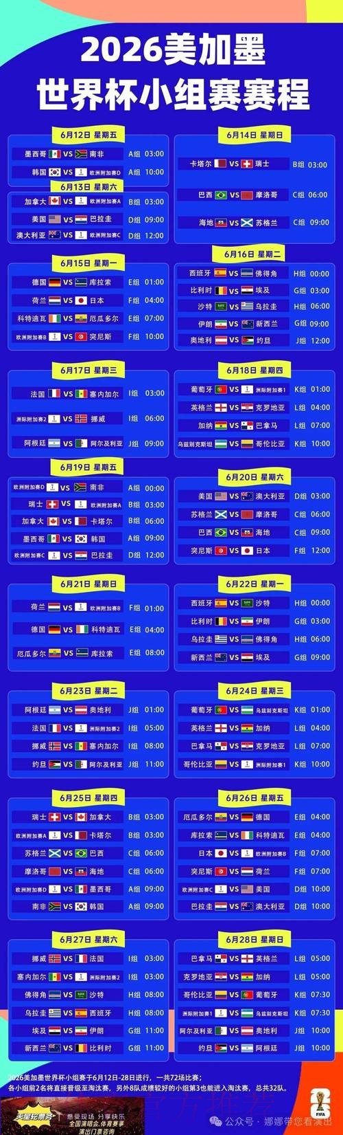 2026世界杯每日赛程推荐 2026世界杯每日赛程推荐